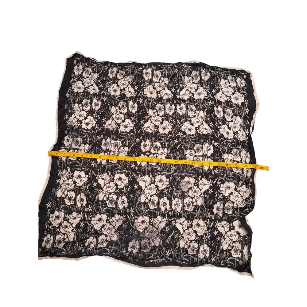 VERA NEUMANN Black & White Floral Square Scarf Flowers Leaves